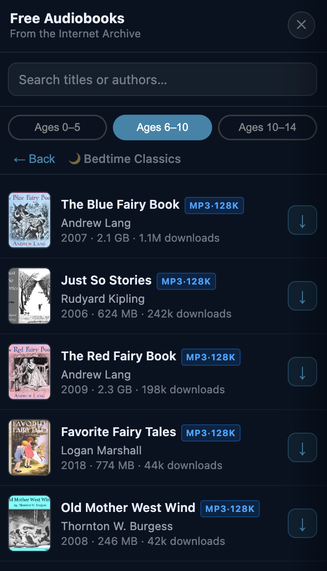Free audiobook library browser in Little Vox