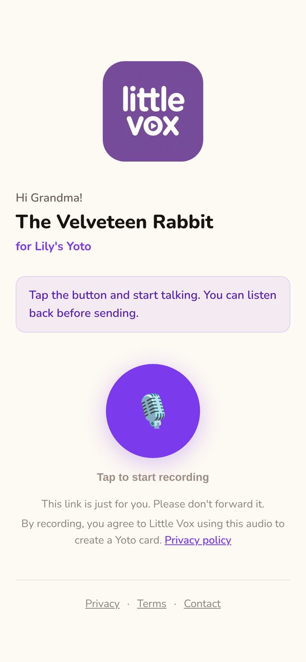 The recording page: Hi Grandma, The Velveteen Rabbit, for Lily's Yoto, and a big record button