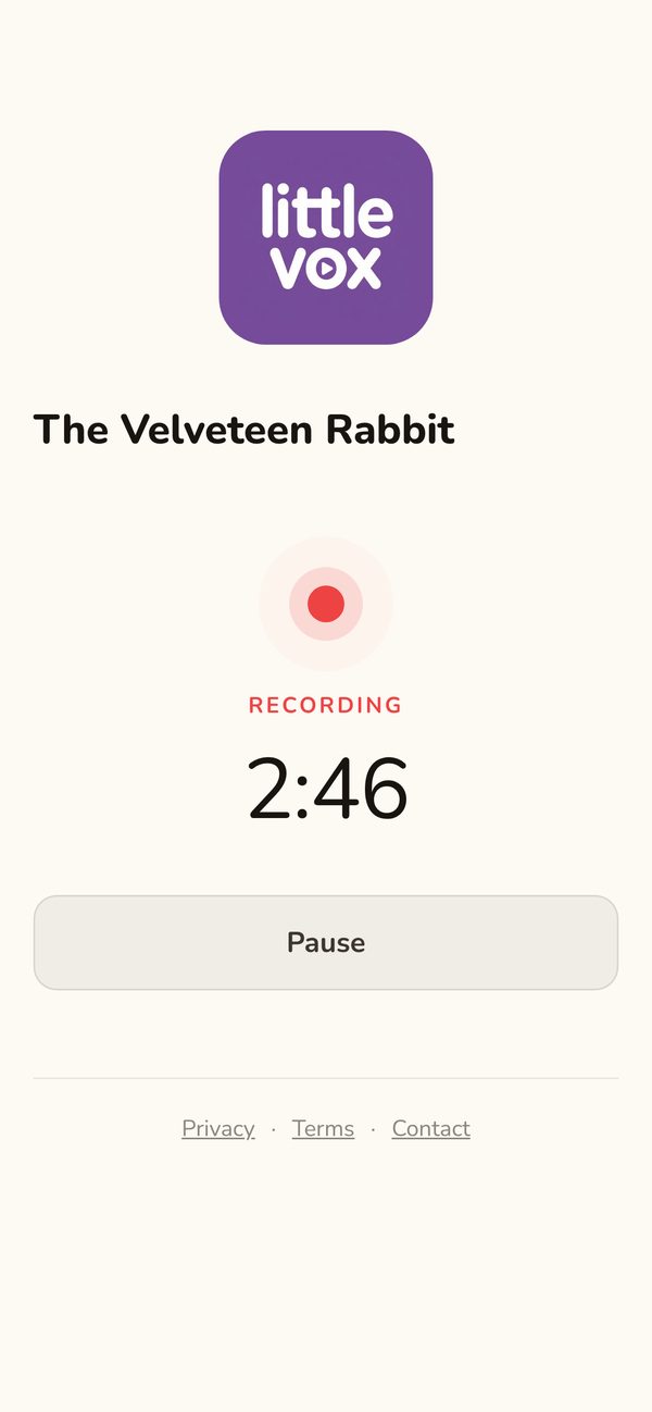The recording page while recording, with a large timer and a Pause button