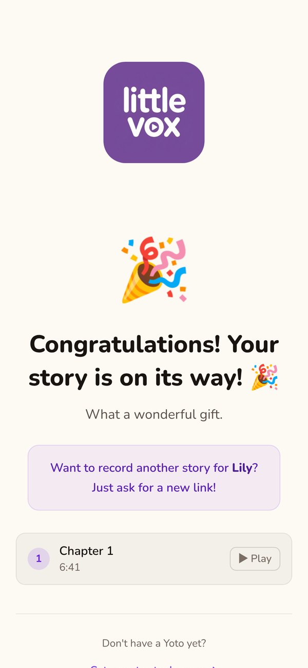 The recording page after sending: Congratulations! Your story is on its way!