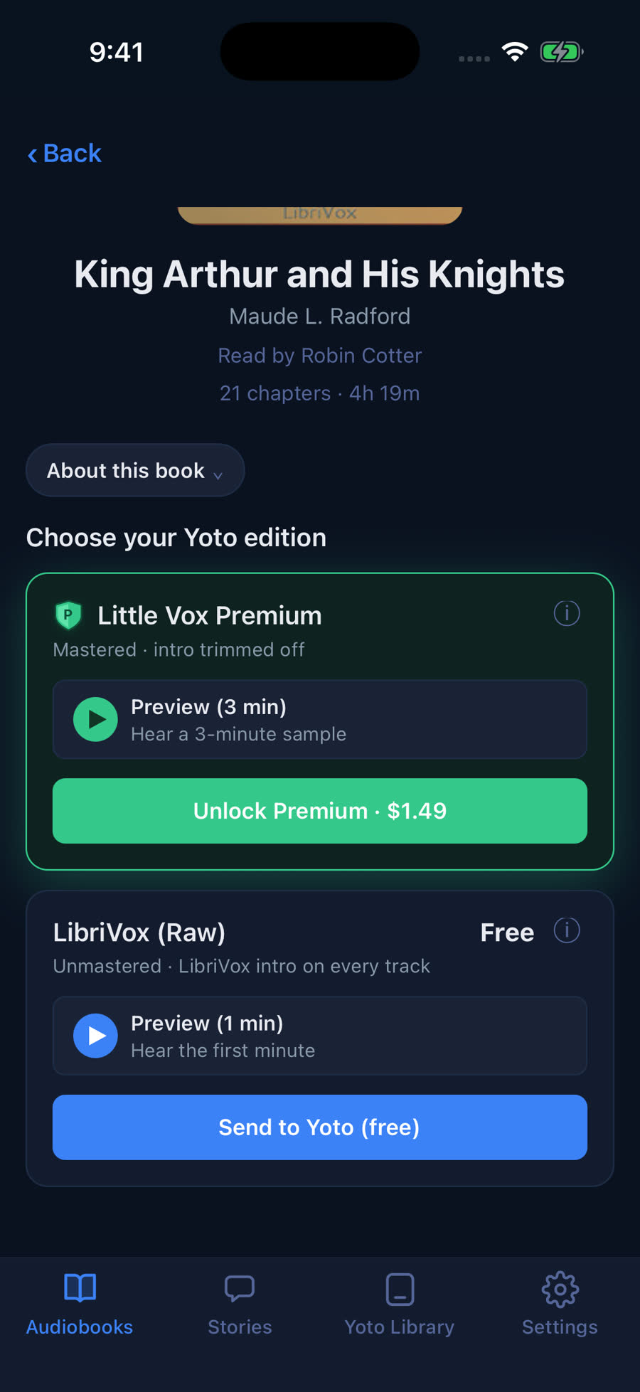 A book page in Little Vox for King Arthur and His Knights, with the Little Vox Premium edition for $1.49 above the free LibriVox edition